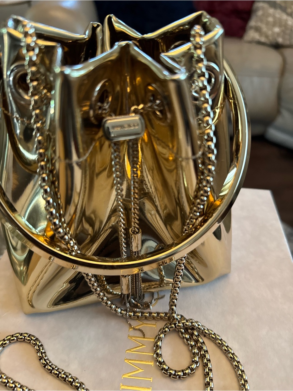 Jimmy Choo Gold Metallic Mini Drawstring Bucket Bag - Picture 12 of 13